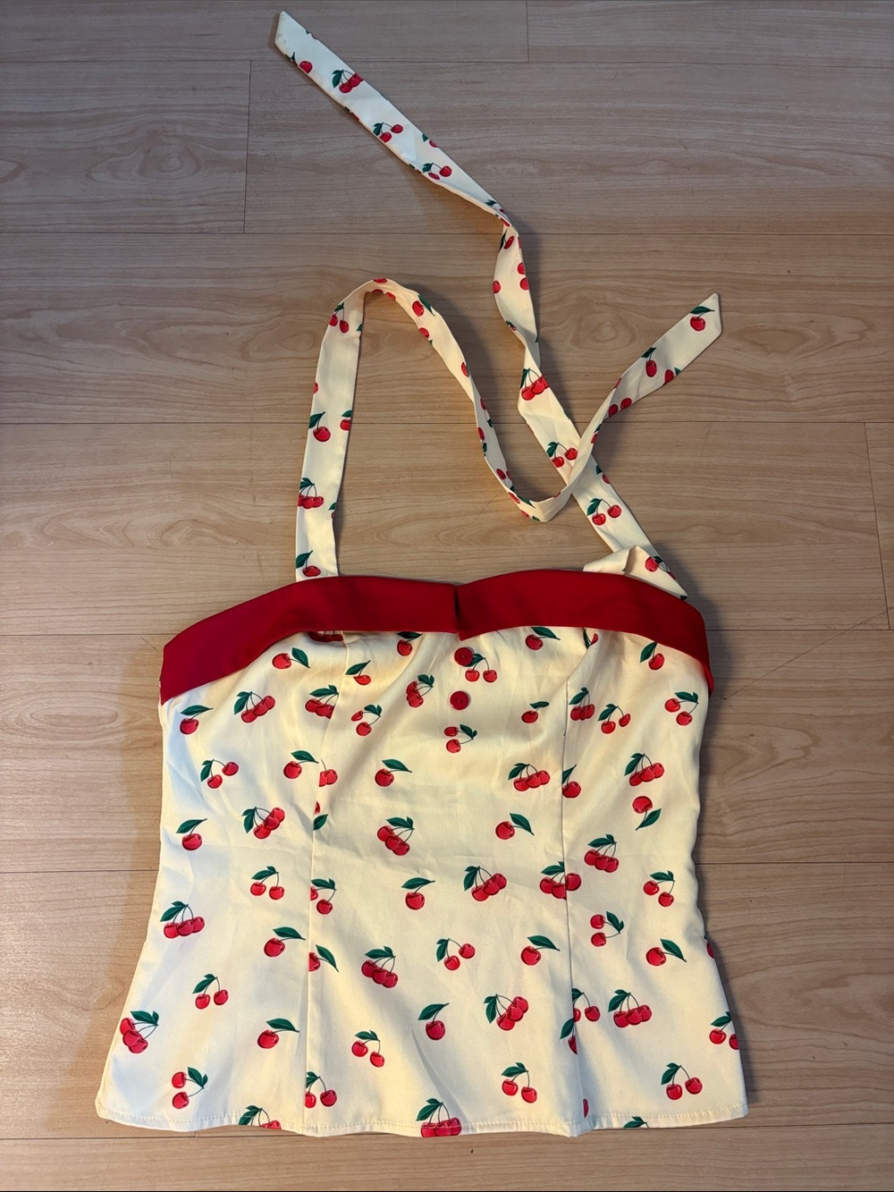 Woman’s pin up Cherry Print Halter One-Piece in Cream and Red